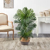 4ft. Areca Artificial Palm Tree in Boho Chic Handmade Cotton & Jute Gray Woven Planter UV Resistant (Indoor/Outdoor)
