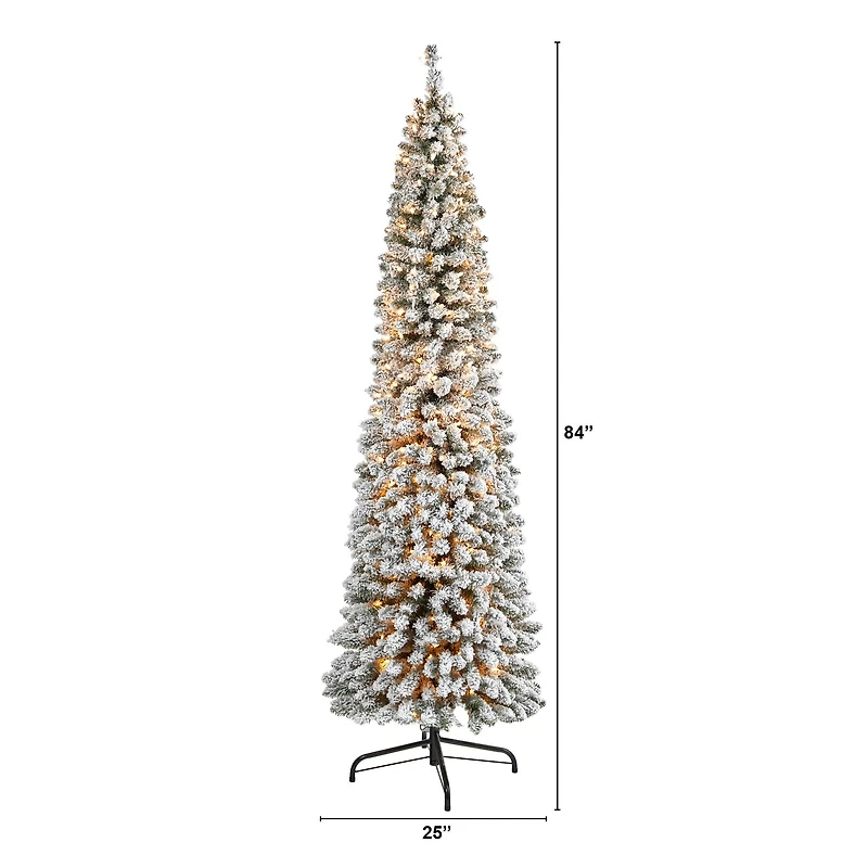 7ft. Pre-Lit Flocked Pencil Artificial Christmas Tree with Clear LED Lights