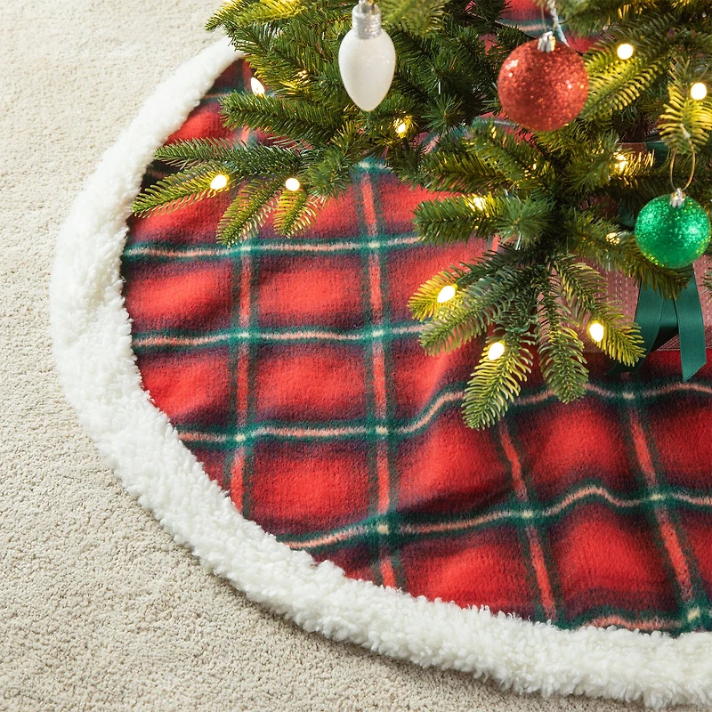 Glitzhome® 48" Red & Black Plaid Reversible Sherpa/Flannel Christmas Tree Skirt