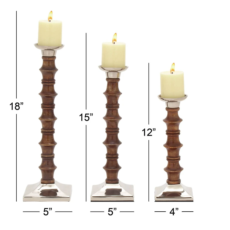 Brown Wood & Aluminum Pillar Candle Holder Set