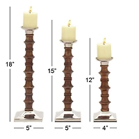 Brown Wood & Aluminum Pillar Candle Holder Set