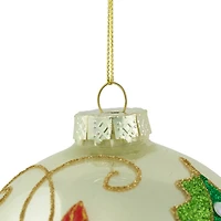 4" Red Glittered 2-D Poinsettia Glass Ball Ornament