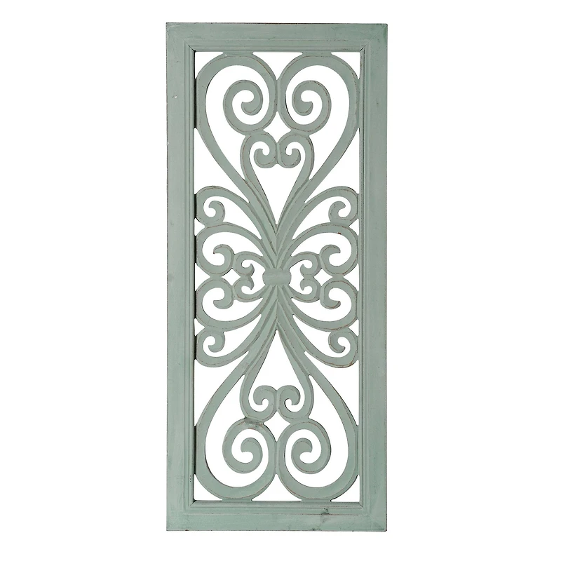 American Art Décor™ 36" Distressed Hand-Carved Seafoam Green Wood Wall Medallion Panel