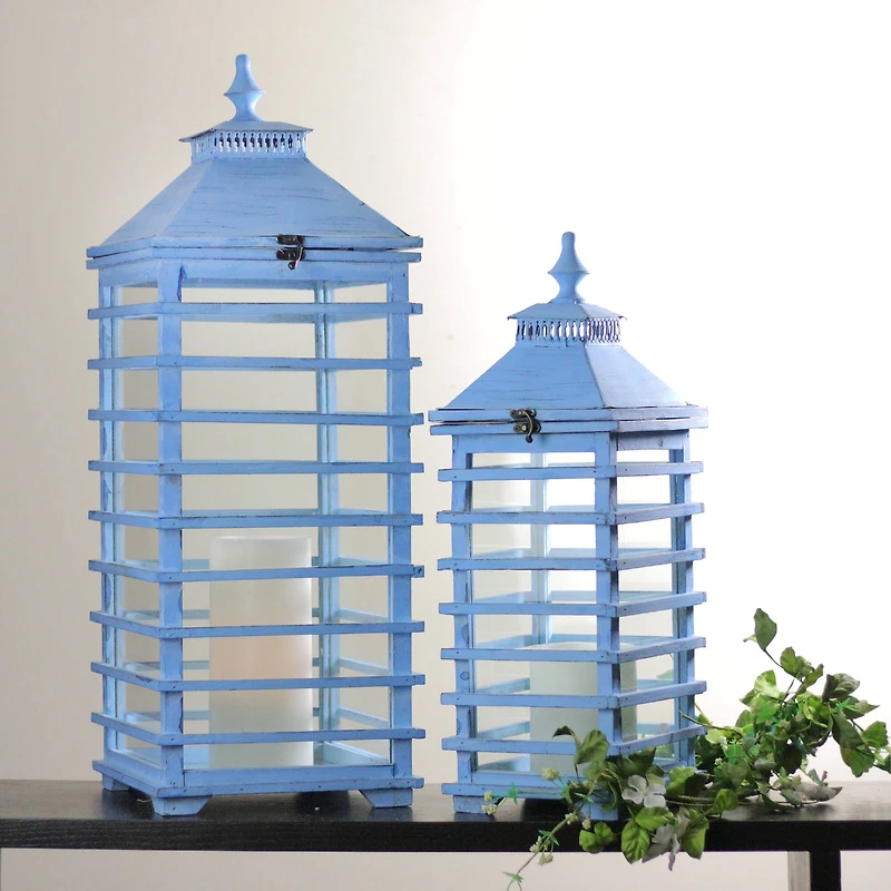 L'Eau de Fleur Distressed Fir Wood Candle Lantern Set