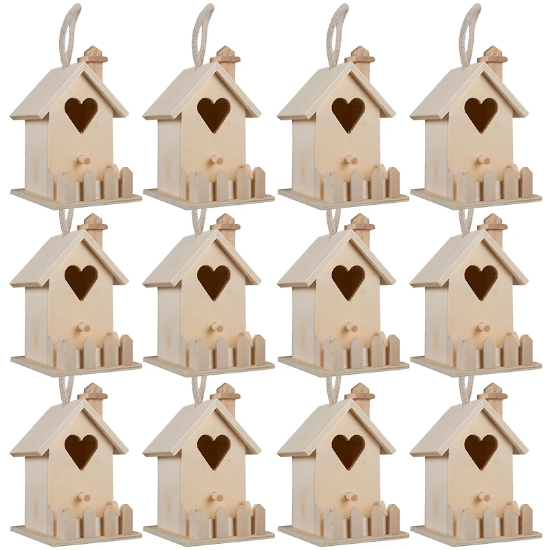 12 Pack: 4.5" Wood Heart Birdhouse with Fence by Make Market®