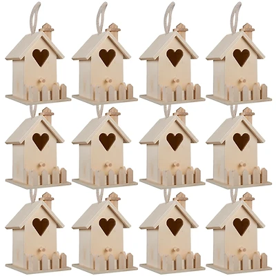 12 Pack: 4.5" Wood Heart Birdhouse with Fence by Make Market®
