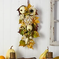 33" Sunflower, Hydrangea & White Pumpkin Autumn Teardrop Swag