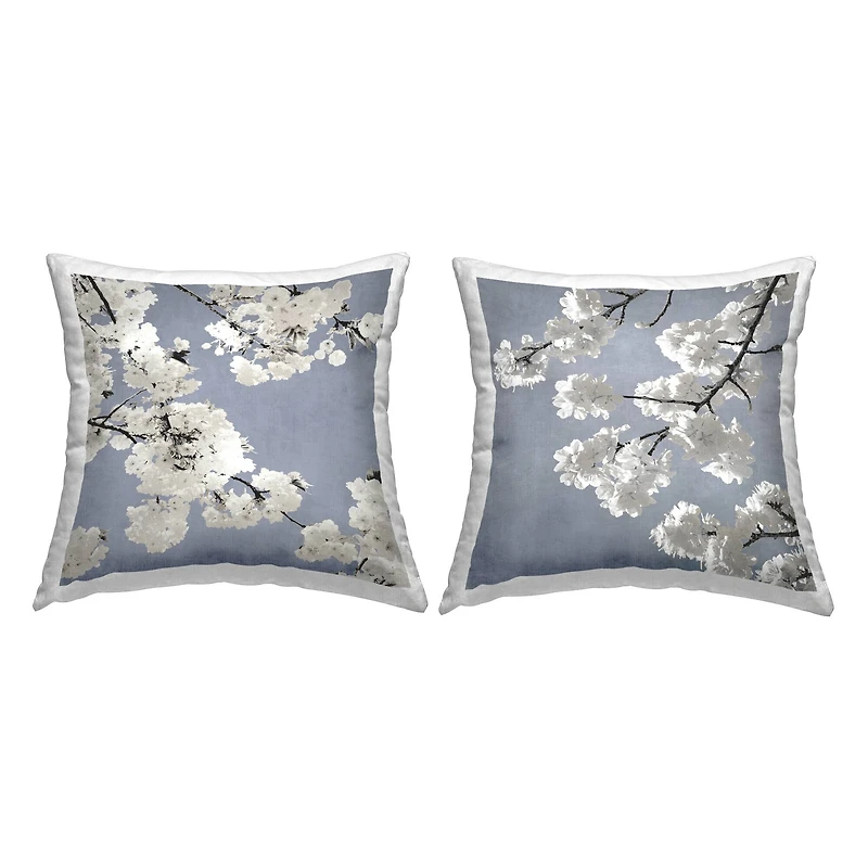 Stupell Industries White Cherry Blossom Tree Branches over Blue 2 Pillows, Each 18" x 18"
