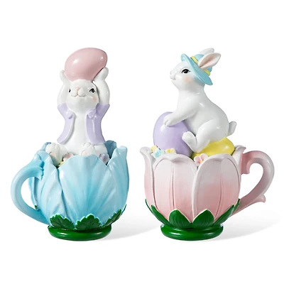 Glitzhome® Set of 2 Easter Resin Bunny on Tulip Mug Table Decor
