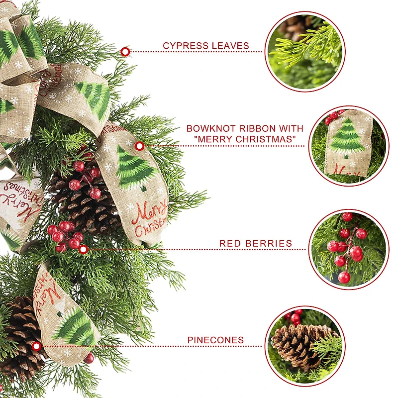 Glitzhome® 24" Cypress Leaves & Pinecone Wreath with Ribbon & Bow