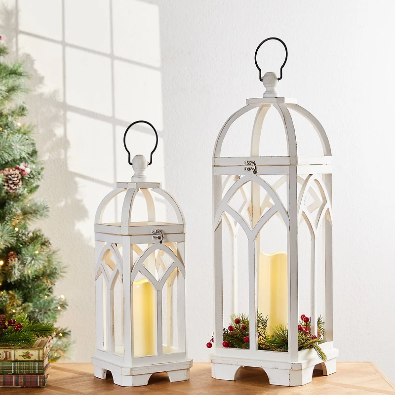 Glitzhome® Wash White Farmhouse Wooden Church Window Frame Lanterns, 2ct.