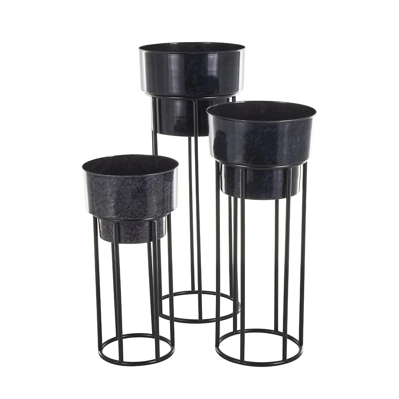Black Metal Wash Textured Planter with Open Framed Black Caged Base Set