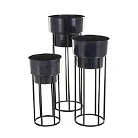 Black Metal Wash Textured Planter with Open Framed Black Caged Base Set