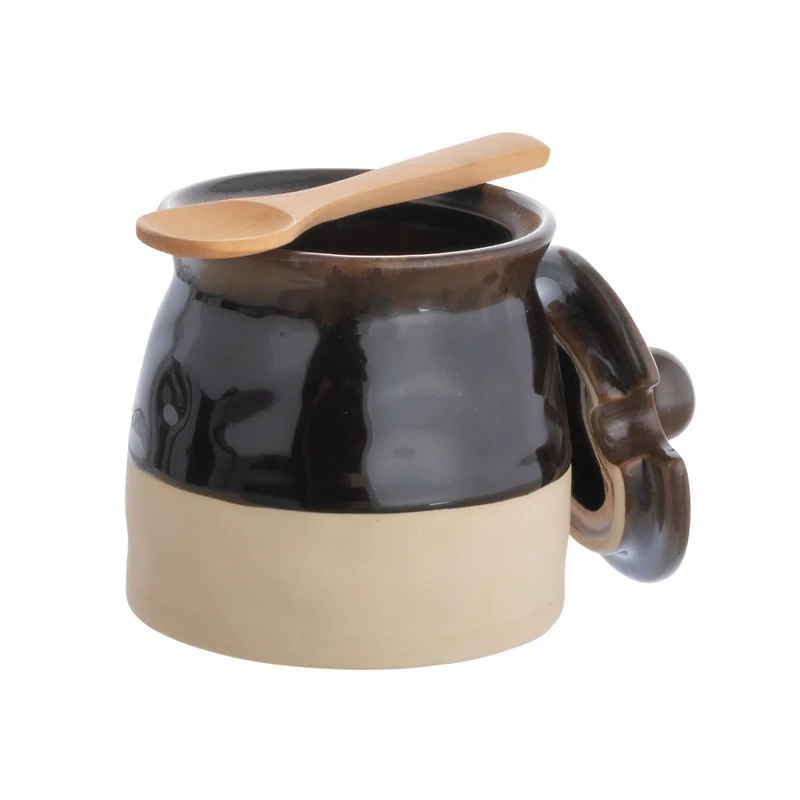 Hello Honey® 4.4" Black Stoneware Sugar Pot with Lid & Wood Spoon