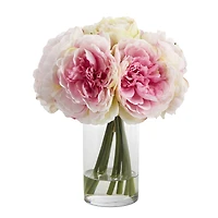 11" Pink Peony Bouquet in Glass Vase