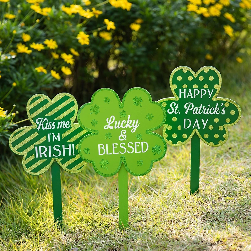 Glitzhome® 15" Wooden St. Patrick's Shamrocks Yard Stake Décor, 3ct.