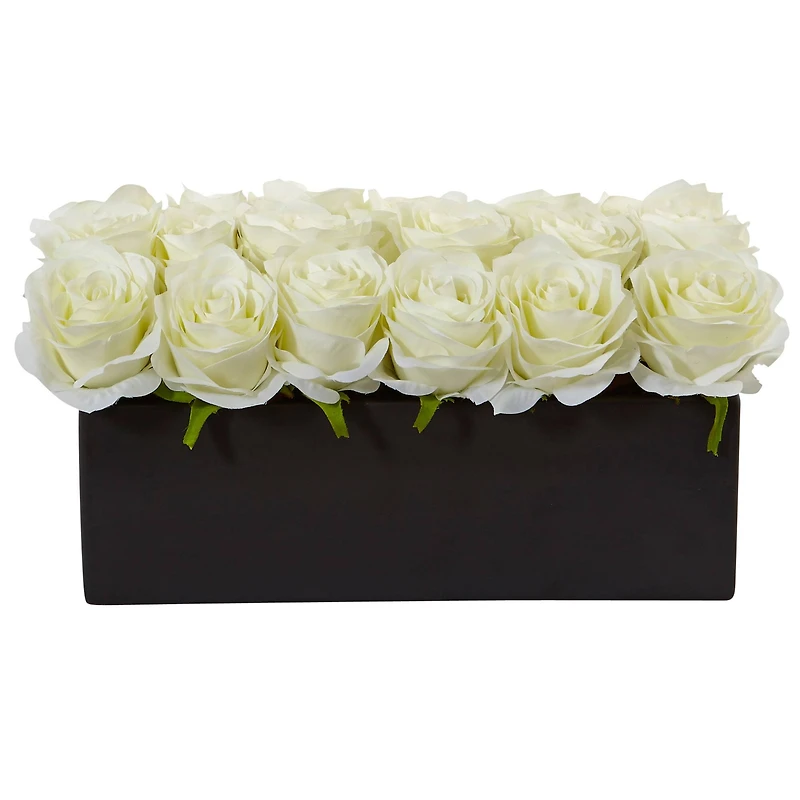 6" White Dozen Roses in Black Rectangular Ceramic Planter