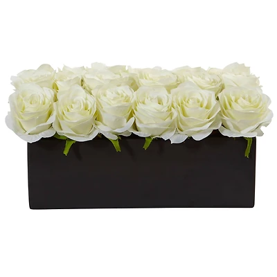 6" White Dozen Roses in Black Rectangular Ceramic Planter