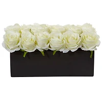 6" White Dozen Roses in Black Rectangular Ceramic Planter