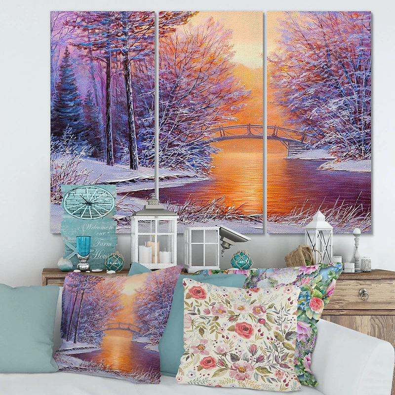 Designart - Bridge Over The River In Winter Landscape