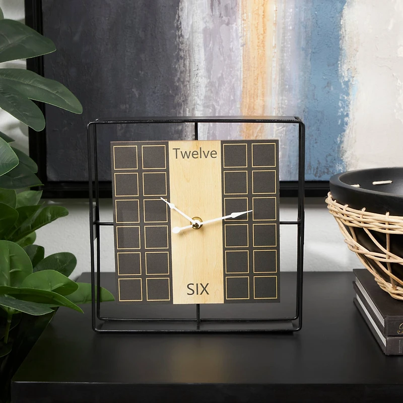 9" Black Geometric Open Frame Square Clock with Grid Pattern