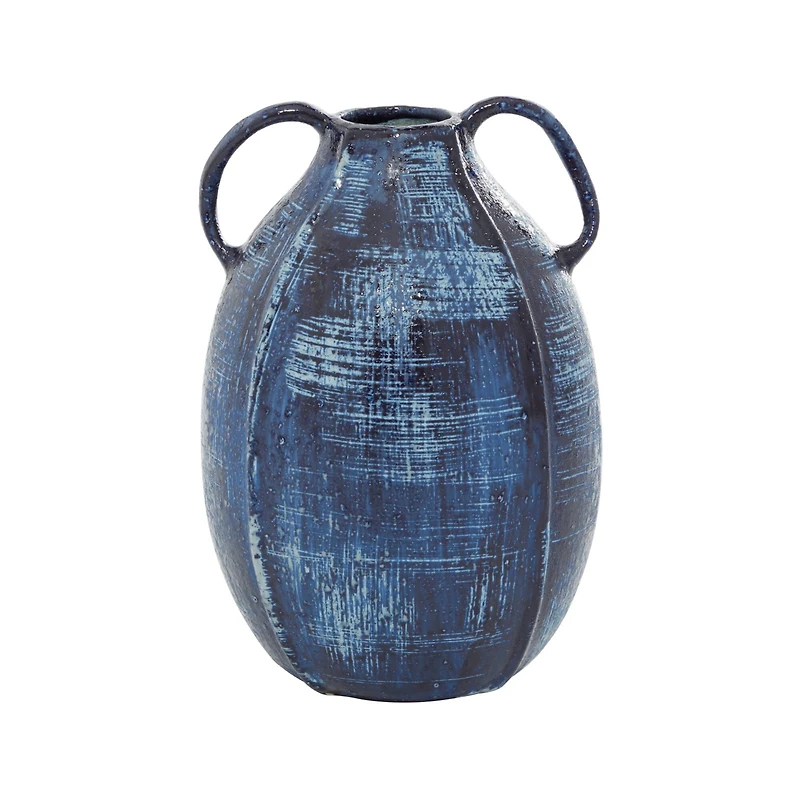 Blue Ceramic Contemporary Vase, 9" x 6" x 6"