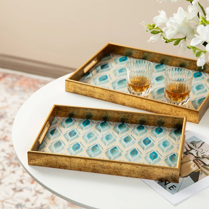 Glitzhome® Rectangle Peacock Feathers Patterned Decorative Trays Set