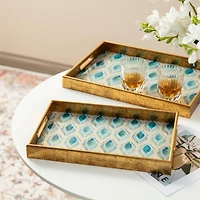 Glitzhome® Rectangle Peacock Feathers Patterned Decorative Trays Set