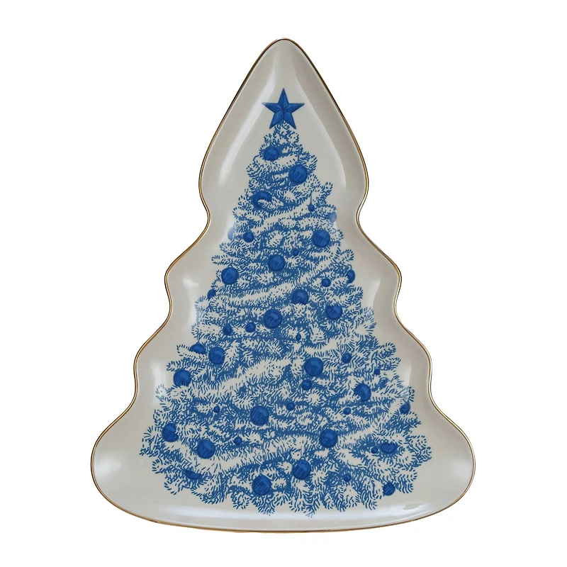 Hello Honey® 13" Blue & Cream Stoneware Christmas Tree Serving Plate with Gold Rim