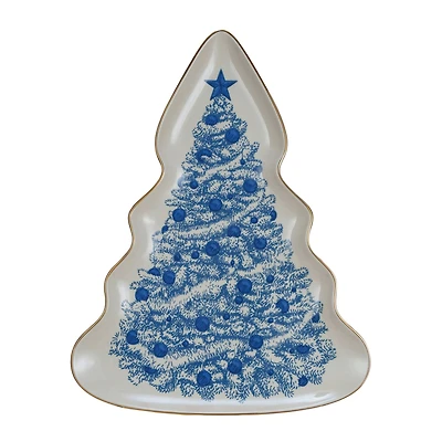 Hello Honey® 13" Blue & Cream Stoneware Christmas Tree Serving Plate with Gold Rim