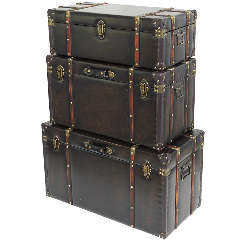 Dark Brown Faux Leather Studded Trunk with Latches & Handles Set