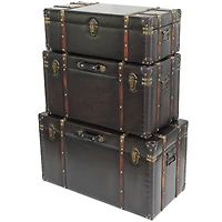 Dark Brown Faux Leather Studded Trunk with Latches & Handles Set