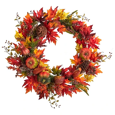 32" Maple Leaf, Pumpkin & Berries Artificial Fall Wreath