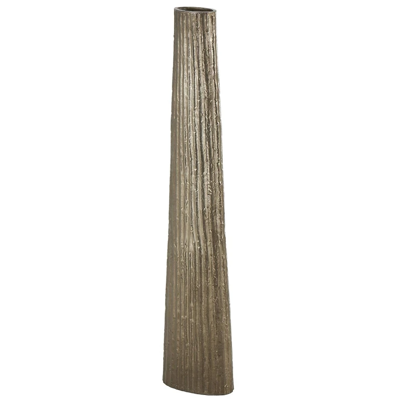 35.5" Brass Aluminum Metal Slim Flat Tall Floor Cone Vase with Textured Ridges