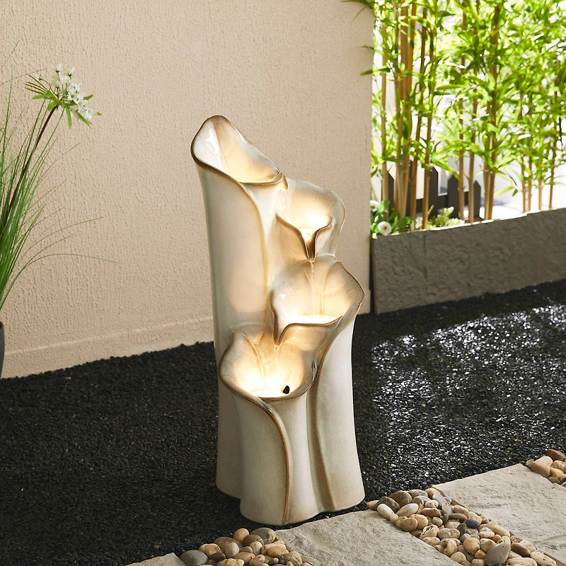 Glitzhome® 31.25" 4-Tier LED Lotus Leaf Textured Ceramic Vase Outdoor Floor Fountain