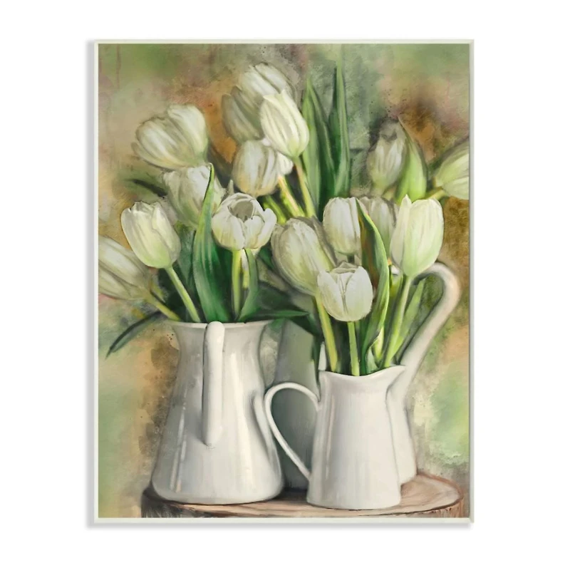 Stupell Industries White Tulips in Pitchers Wooden Wall Plaque