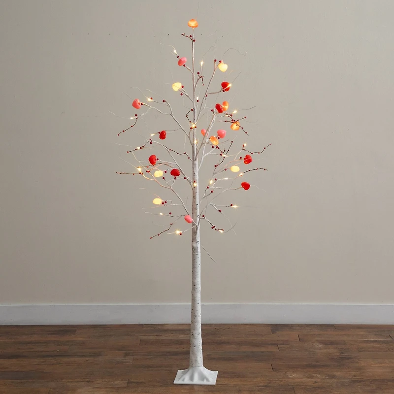 6ft. Pre-Lit Artificial Valentine's Day Twig Tree with 96 Heart Shaped LED Lights and Red Berries