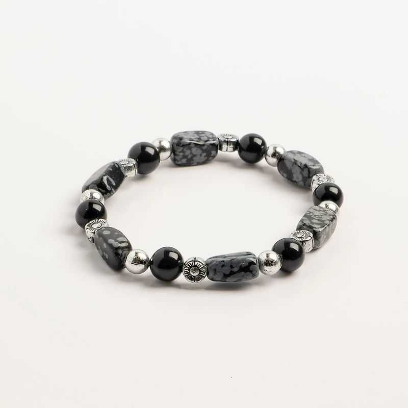 John Bead Snow Flake Gray & Obsidian Natural Stone Bracelet