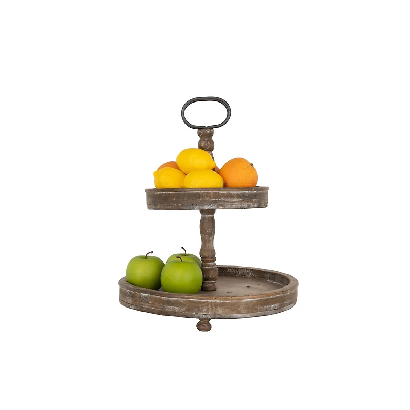Hello Honey® 18.5" Distressed Brown Wooden 2-Tier Tray with Metal Handle
