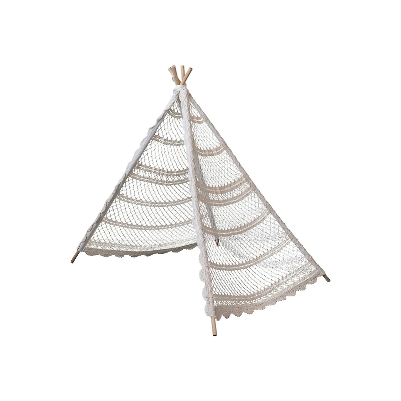 Hello Honey® 43.5" Natural Reclaimed Cotton Crocheted & Teakwood Teepee with Mat