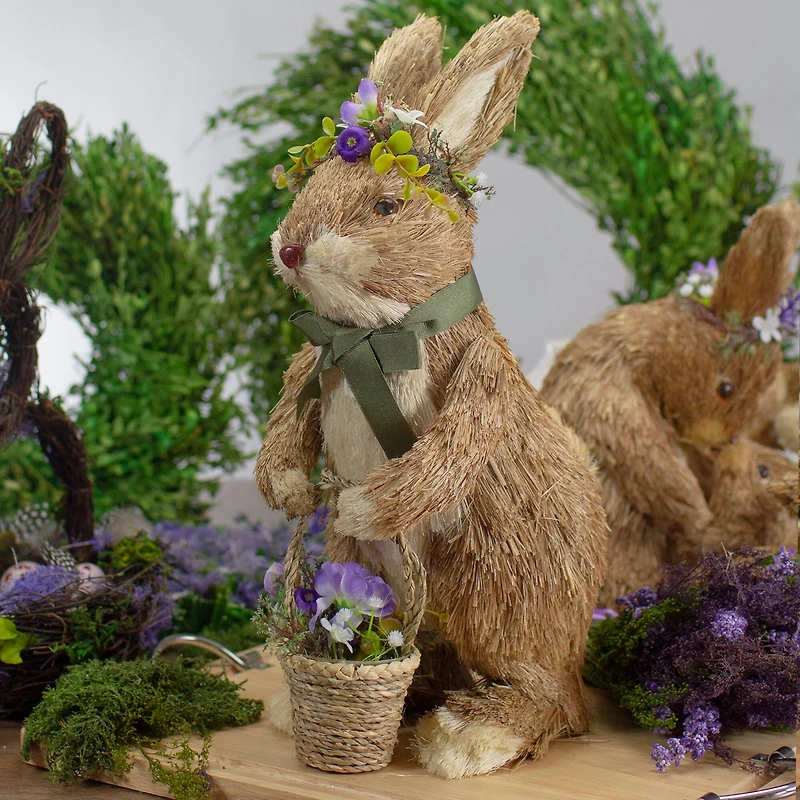 15" Brown Sisal Bunny Rabbit with Basket Easter Figure