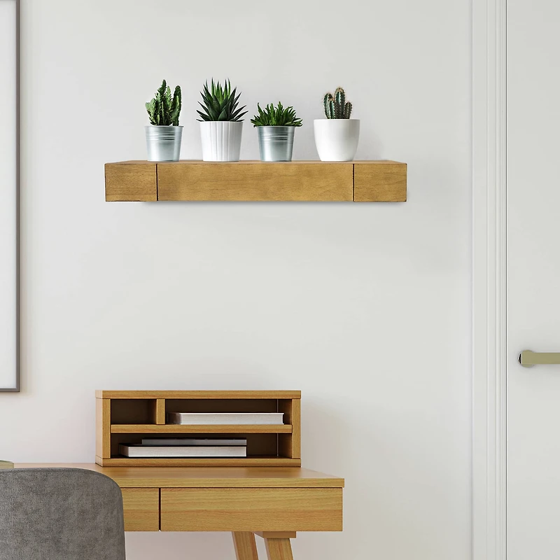 24" Brown Floating Wall Shelf With Drawer