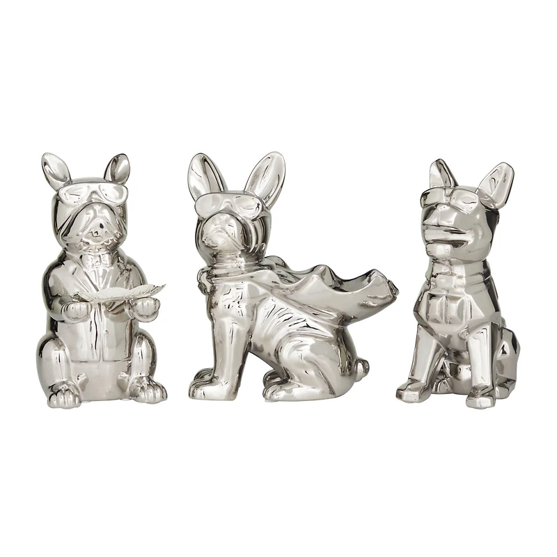 CosmoLiving by Cosmopolitan Silver Porcelain Bulldog with Sunglasses Sculpture Set