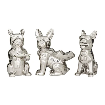 CosmoLiving by Cosmopolitan Silver Porcelain Bulldog with Sunglasses Sculpture Set