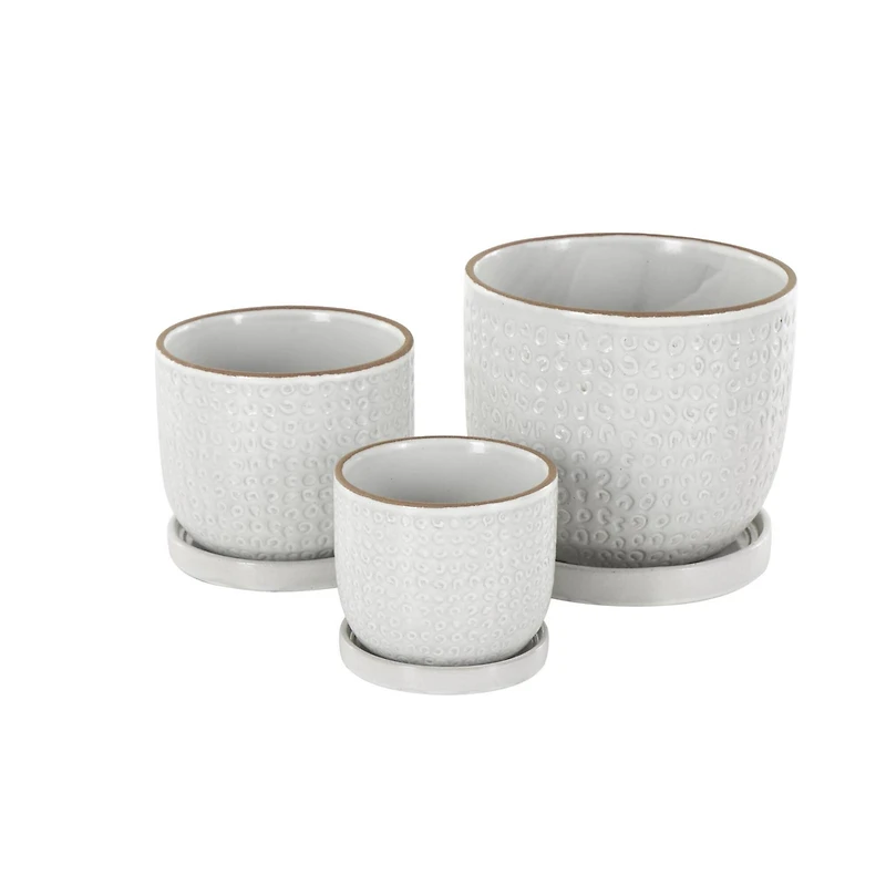 White Abstract Circle Pattern Ceramic Planter Set