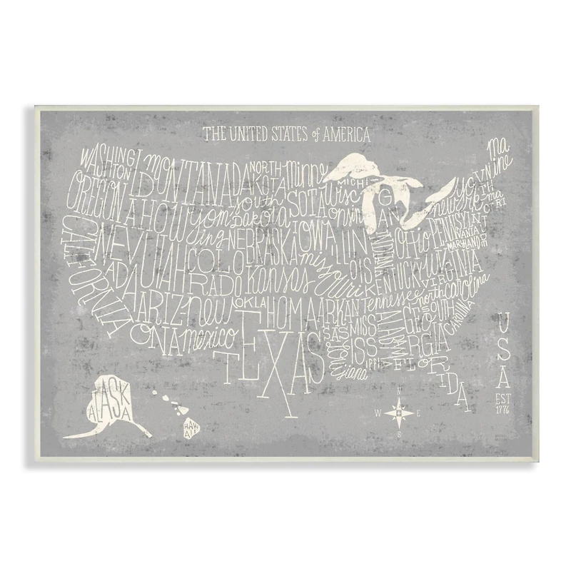 Stupell Industries Grey Distressed US Map Playful Typography Wall Plaque Art