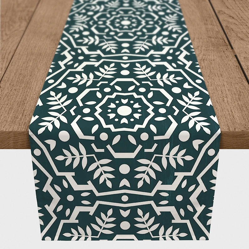 Folk Floral Teal 16" x 90" Cotton Twill Runner