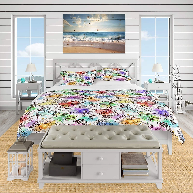 Designart 'Modern Seashells Pattern' Nautical & Coastal Bedding Set