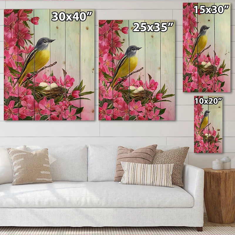 Designart - Little Yellow Bird Near The Nest with Flowers