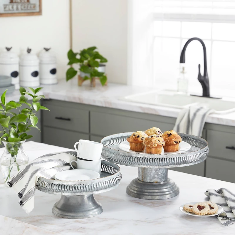 Set of 2 Grey Metal Farmhouse Cake Stand, 16", 12"
